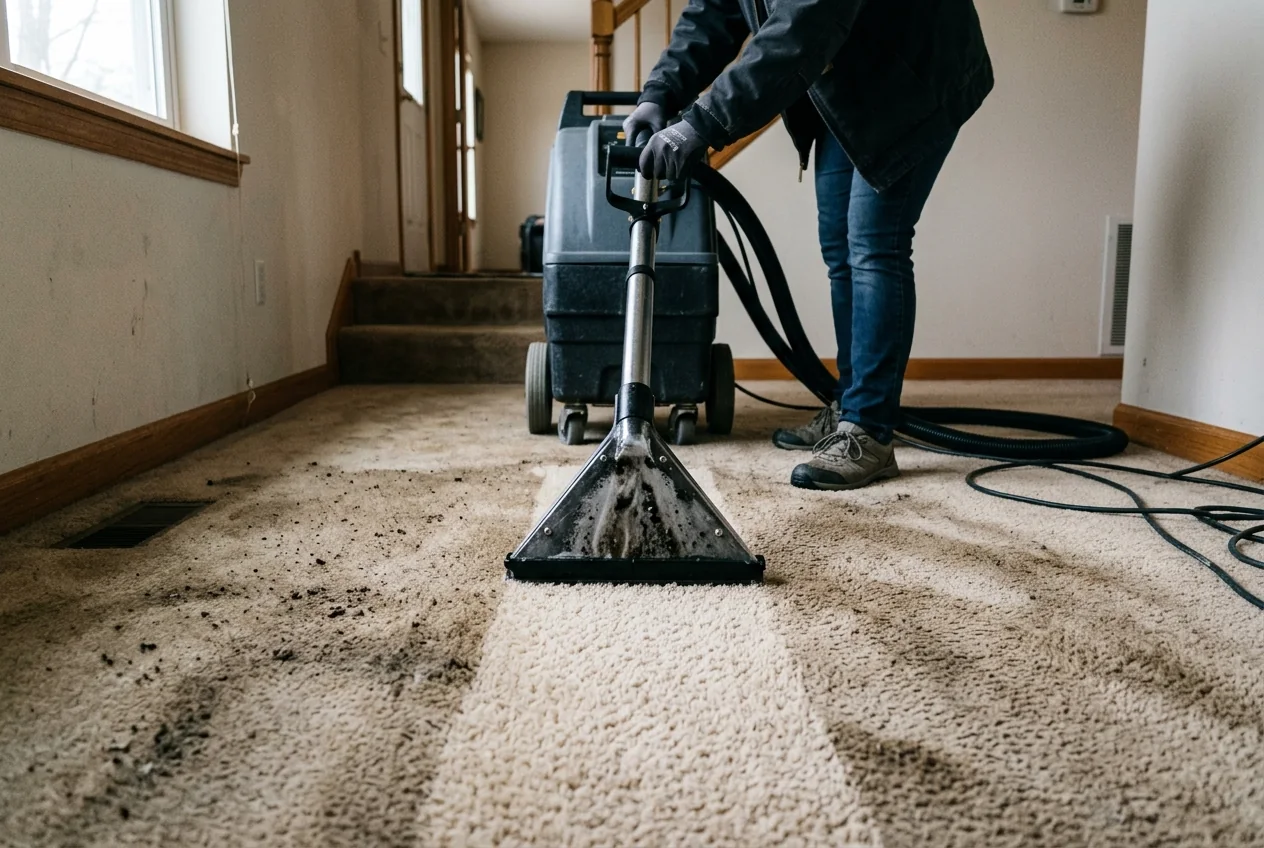 Carpet extraction machine pulling a clean stripe through a living room carpet