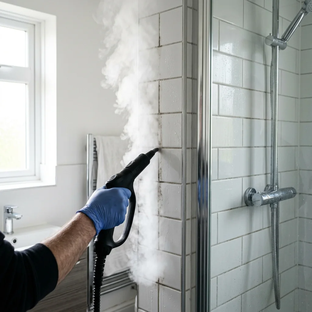 Steam cleaner in use on a tiled bathroom floor during a deep clean in Dubai