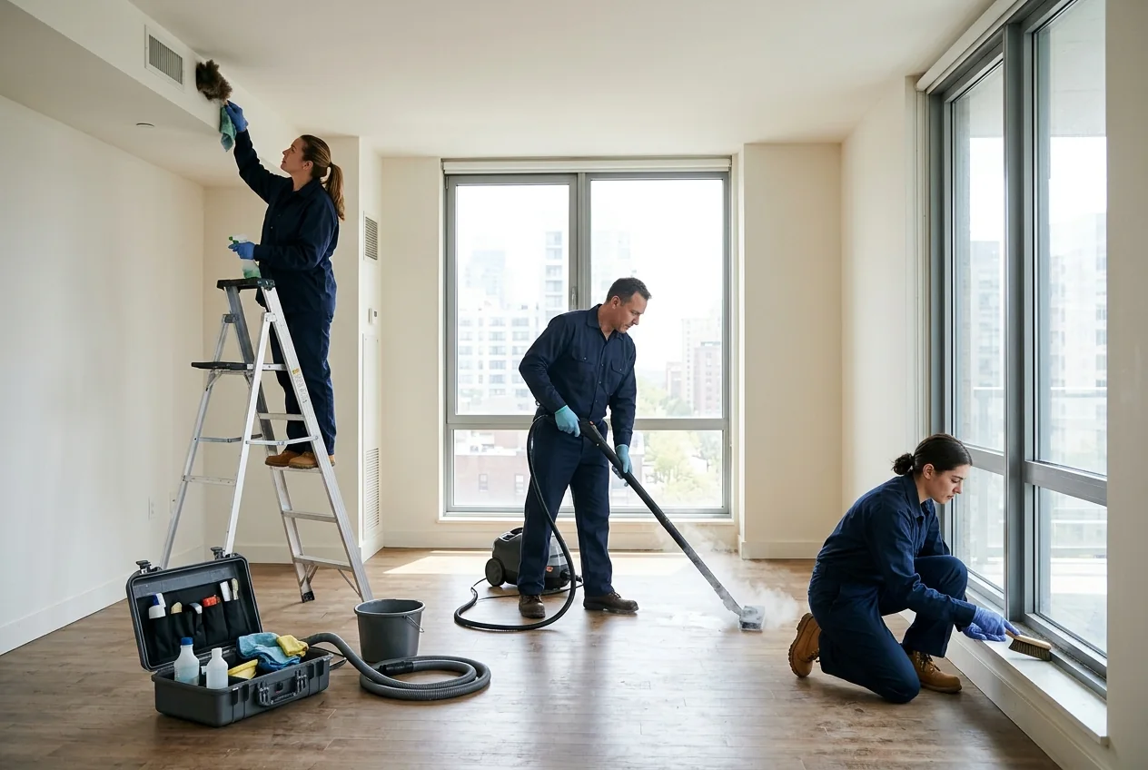 Deep cleaning crew working in an empty apartment with professional equipment