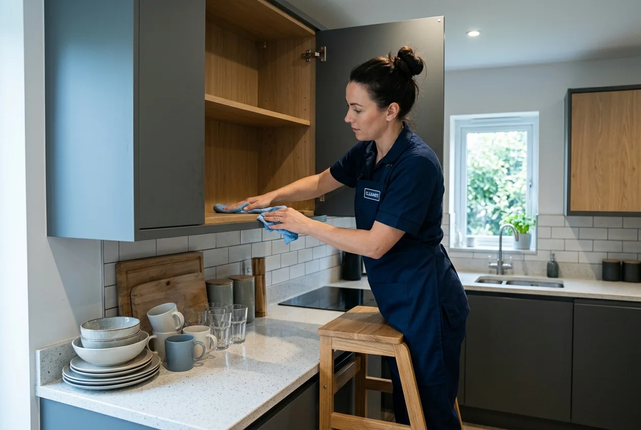 Cleaner wiping inside open kitchen cabinets during a deep clean