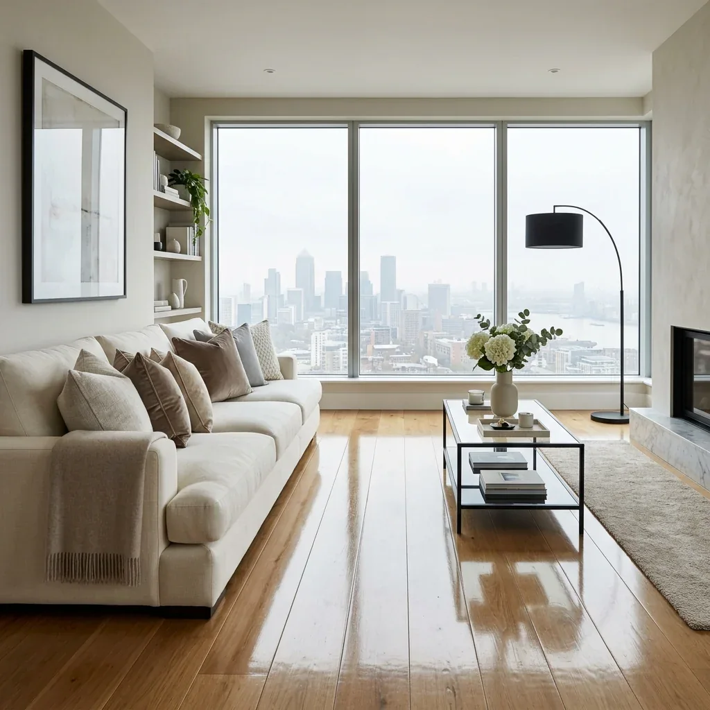 Immaculate modern living room after a deep clean with sunlight across the floor
