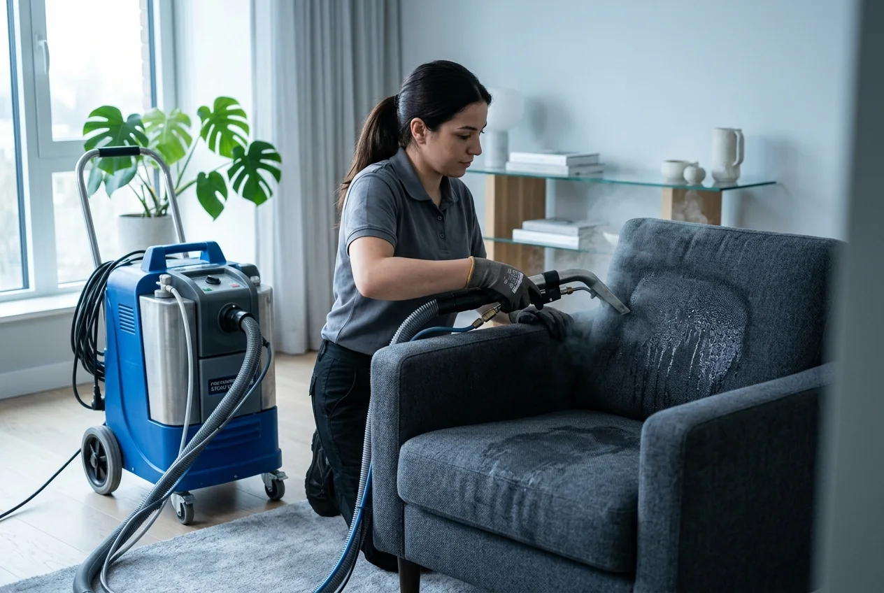 Technician steam cleaning a fabric sofa in a living room