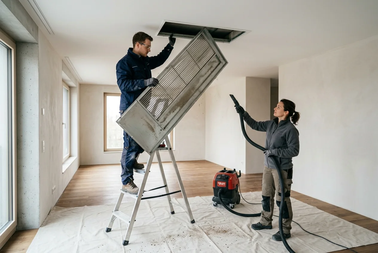 Technicians removing and cleaning a ceiling air conditioning grille during a deep clean